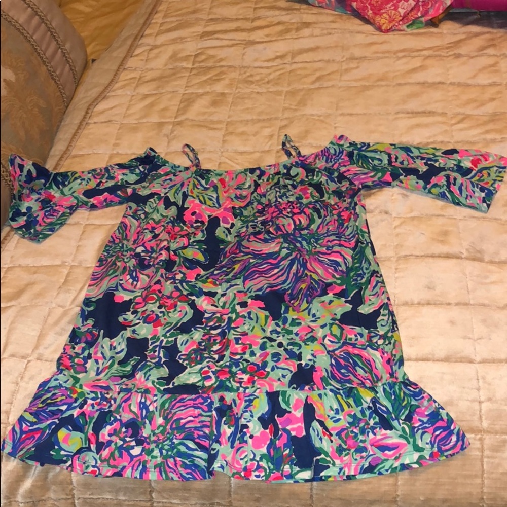 Blue, pink and green dress
